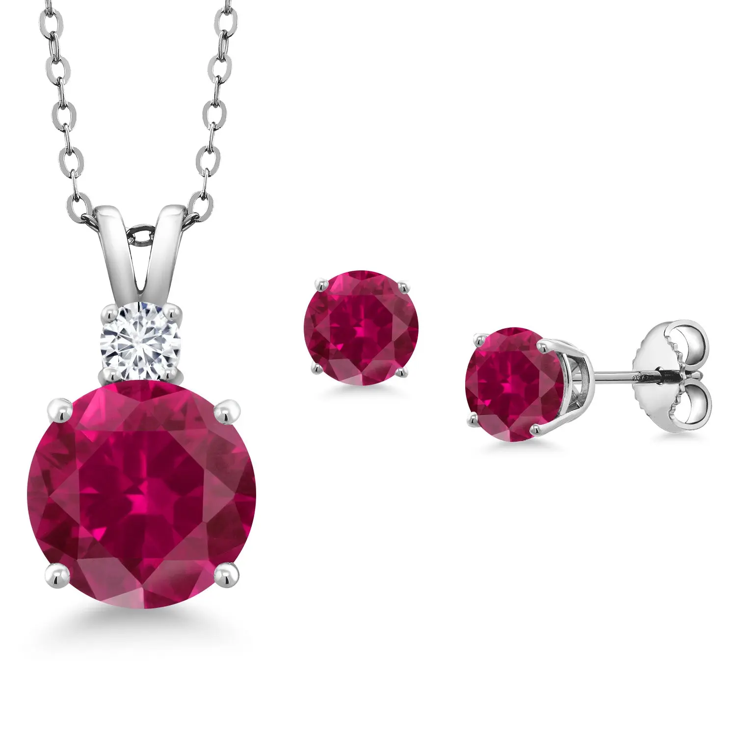 Gem Stone King 925 Sterling Silver Women's Elegant Necklace Gift Set - Round Red Created Ruby, E-F Lab Grown Diamond Pendant & Earrings (5.37 Cttw, Meaningful Ruby Birthstone Choice, 18in Chain), Pendant Necklace Set