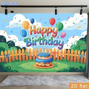 2D Flat Banner 1pc, Birthday Party Banners Gradient Balloon Cake Wooden Fence Tree Happy Birthday Backdrop Polyester Backdrop Event Decorationhome Garden Farm Room Courtyard Graduation Club Photography Live Streaming Wed