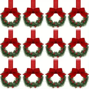 4pcs/6pcs/12pcs Christmas Kitchen Cabinet Mini Wreath Hanging Ornaments with Red Bows and Berries, Mini Christmas Wreath Small Kitchen Christmas Decorations, Artificial Hanging Wreath for Window/Cabinet/Chair/Door/Stairs, Red