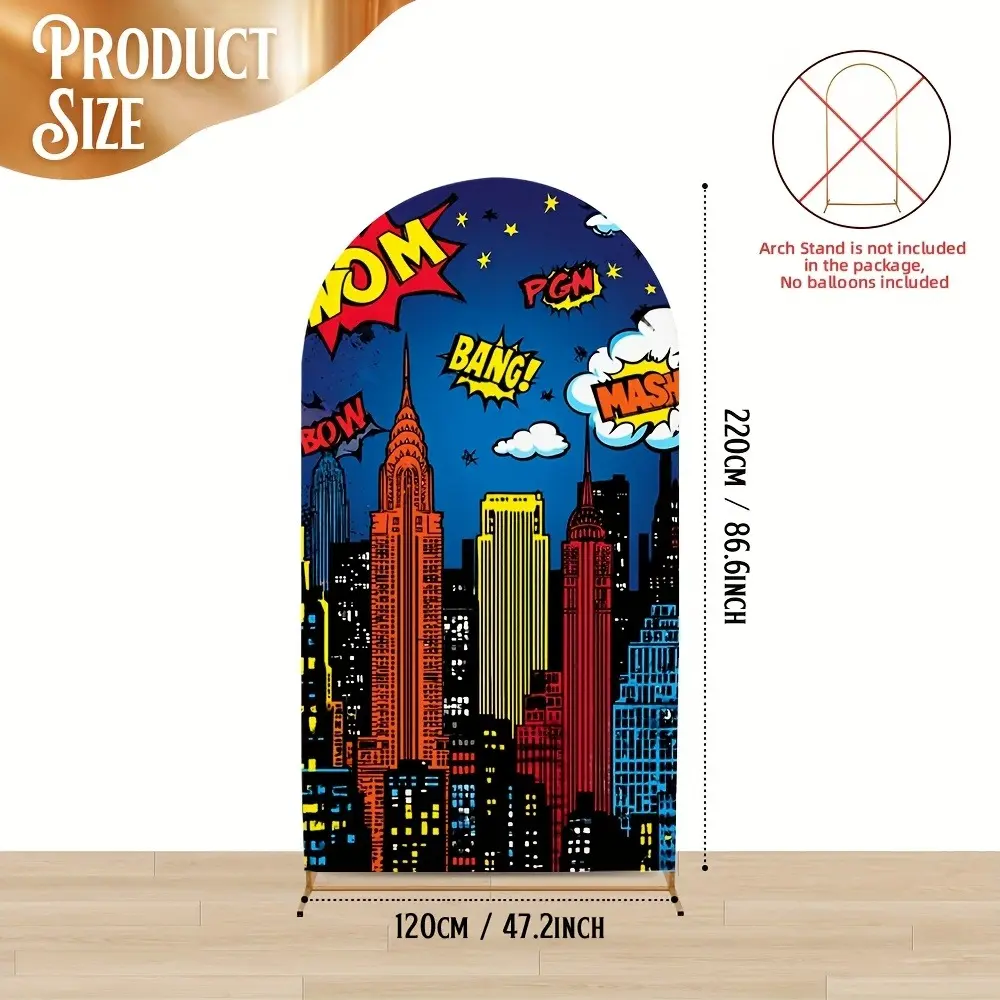 [Birthday & Shower Parties] 2D Flat, 2D Flat Banner, 1pc, Comic Superhero Cityscape Print Arch Backdrop - Durable Fabric with Round Top Design, Perfect for Birthday & Shower Parties (Stand Not Included)