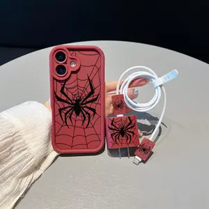 Spider Web Pattern Phone Case with Charger Saver & Cable Protector & Storage Rope, Anti-drop Cellphone Protective Case, Total Protective Shockproof Mobile Phone Cover for iPhone, Casing, Smartphone, Phone Accessory, Protection