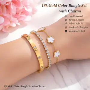 XP 18 K Gold Layered Bangle Bracelets Stack Set 3pcs ,Zircon Clovers Flower Charms ,Stainless Steel Non Tarnish Open Bangles Accessories for Women, Adjustable Italian Charm Hand Chain Cuff Buy 1 Take 1 ,Valentines Gift for Her