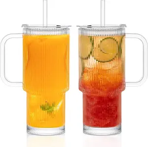 16.9oz Ribbed Glass Tumbler with Handle & Lid – 2-Pack  Iced Coffee Cups with Straws, Modern Glass Mug for Cold & Hot Beverages, Aesthetic Travel Cup for Smoothies, Tea, and Juice