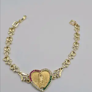 bracelet with virgin Mary Beautiful heart style multicolor stones gold-plated 7"inches