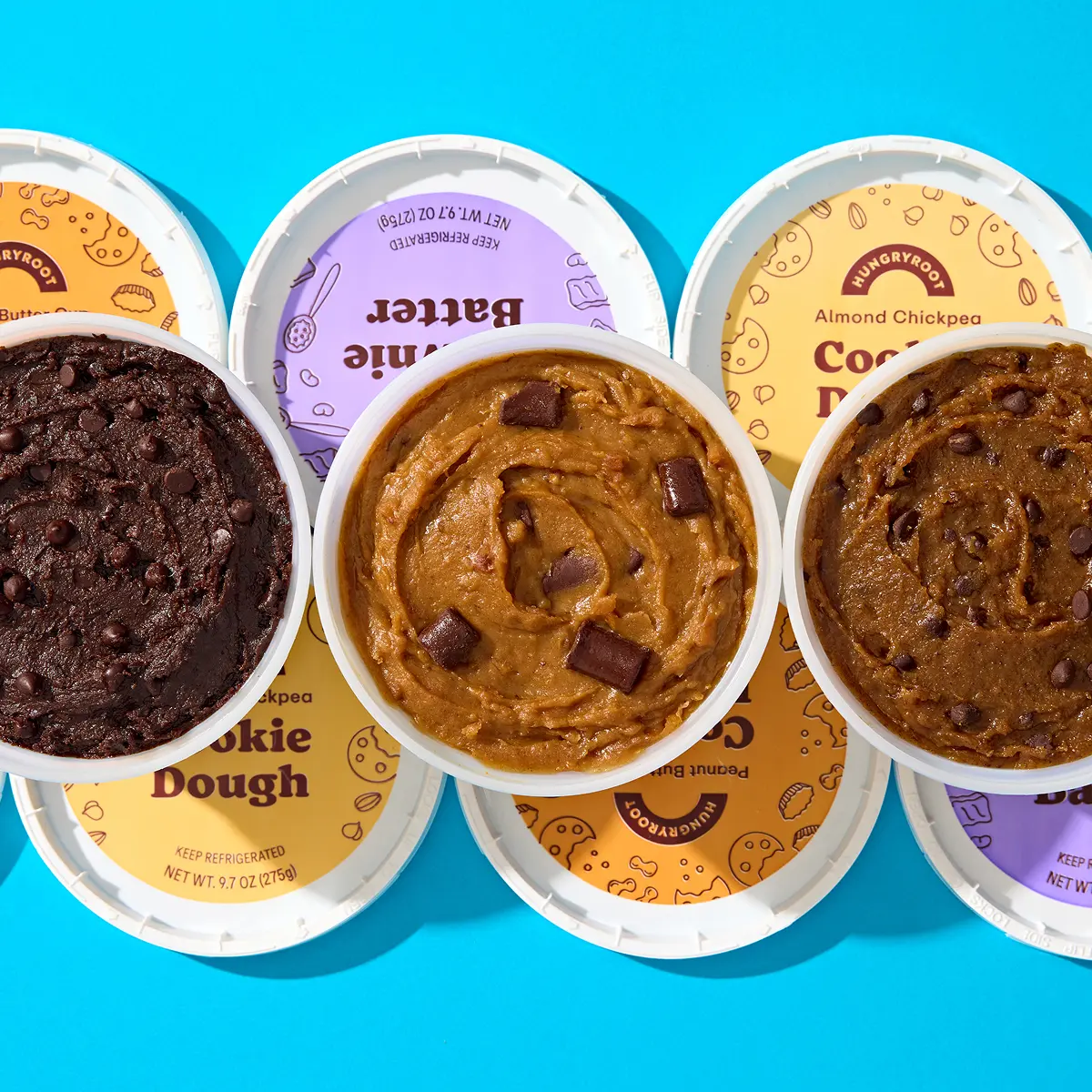 Hungryroot Protein Cookie Dough Variety 4-Pack Snacks - Low Sugar, Vegan, Dairy-Free, Peanuts-Infused | 4 Tubs: Almond Chocolate Chip, Peanut Butter Cup, Brownie Batter