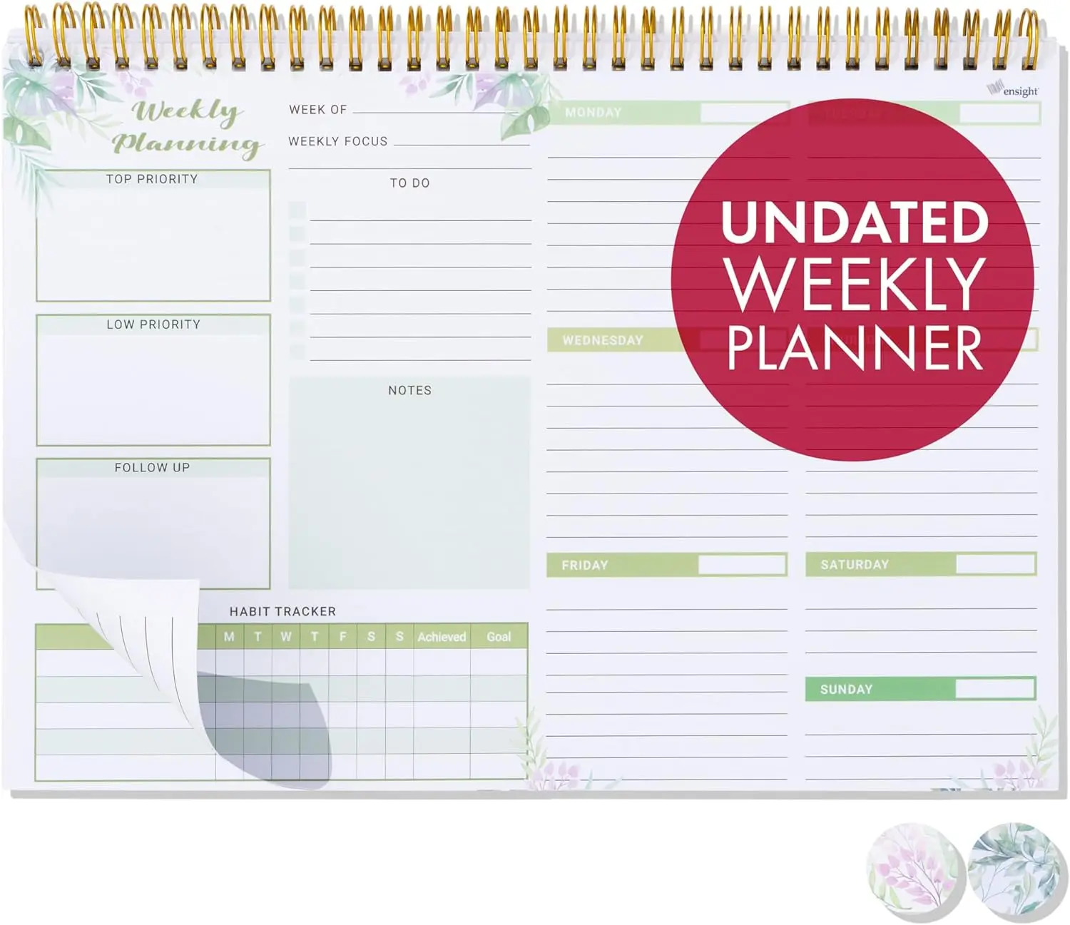 Weekly Undated Planner Notepad 8.5x12 – Ensight 52 Week Calendar & To Do List for Planning with Easy Tear off Sheets – Used for Goal, Schedule & Habit Tracking (Watercolor)