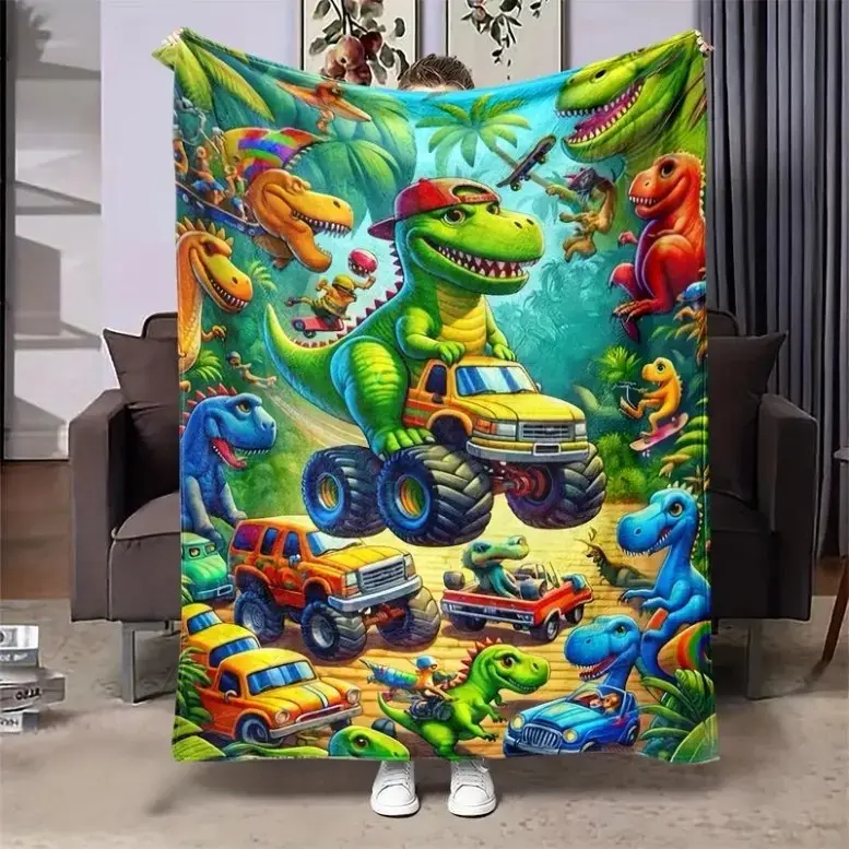 Cartoon Dinosaur Truck Graphic Print Polyester Flannel Throw Blanket - Ultra Soft All-Season Cozy Cover for Sofa, Bedroom - Cute Animal Home Decor, Ideal Holiday Birthday Gift for Boys, Animal Theme