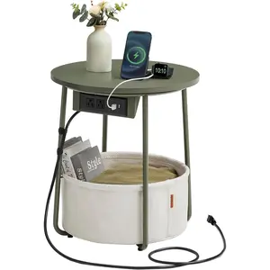 Collection - Side Table with Charging Station, Round End Table with Fabric Basket, Nightstand with USB Ports, for Living Room, Bedroom, Modern, Forest Green and Cream White ULET228C04