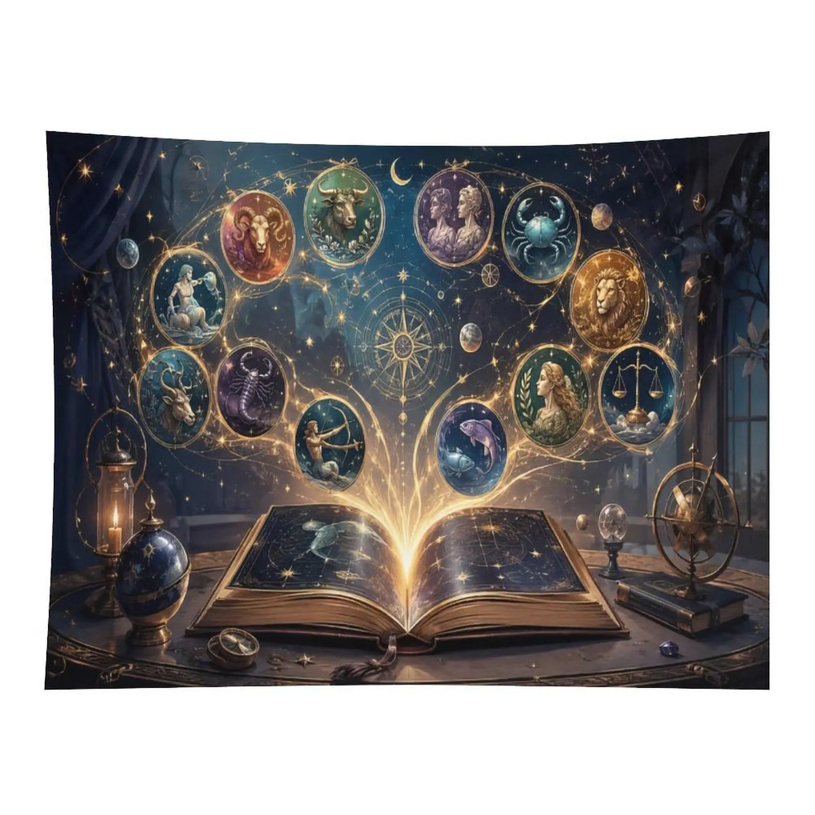 Vintage Open Magic Zodiac Book 12 Constellation Candle Starry Dark Academia Wall Tapestry Wall Hanging, Witchy Astrology Celestial Occult Decor for Altar Moody Bedroom Ornament