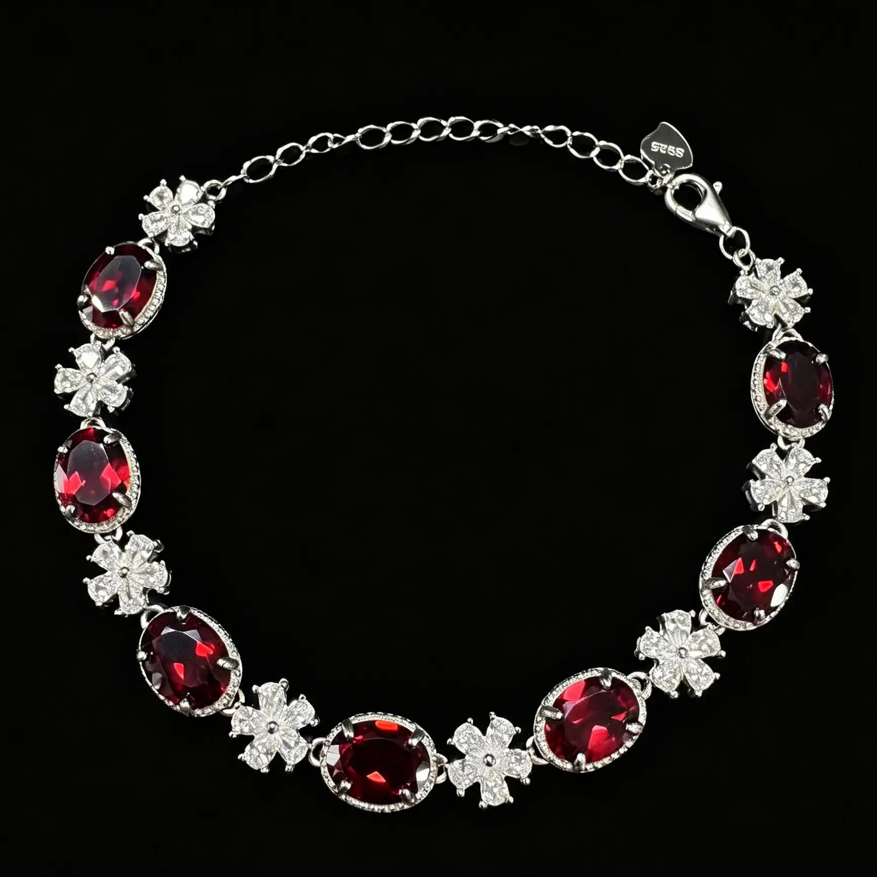 925 Sterling Silver Natural Garnet Tennis Bracelet, Oval Red Garnet With Cubic Zirconia Flower Accent Adjustable Wrist Chain 19.5cm For Women