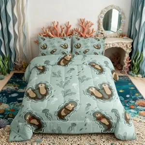 Cartoon Otters Boys Comforter Set Seaweed Jellyfish Sea Animals Bedding Set for Kids Teens Home Room Decor,Ocean Lake Girly Quilt Set,Kawaii Teal Duvet Insert