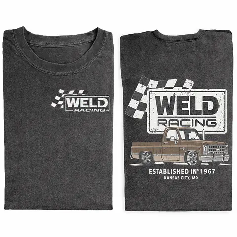 Ring-Spun Cotton Crew Neck Short-Sleeve T-Shirt - Ribbed, Oversized Menswear Streetwear Apparel, Retro Weld Racing C10 Truck Graphic, Vintage Wash, Casual Everyday Fit, Aesthetics Style, Double Print, Gifting Option (Valentine’s Day, Father’s Day)