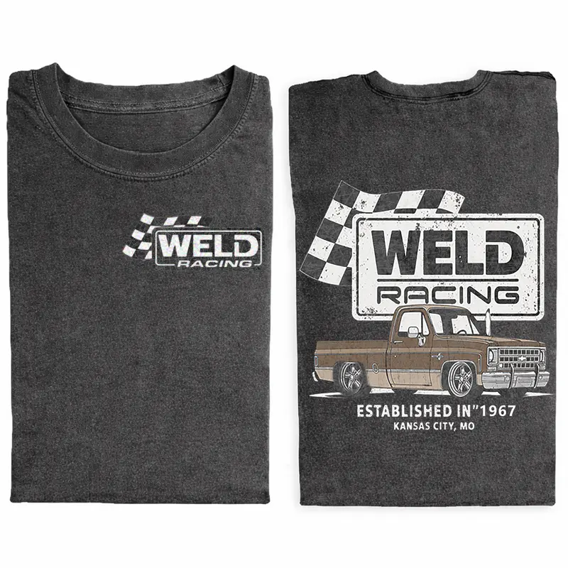 Ring-Spun Cotton Crew Neck Short-Sleeve T-Shirt - Ribbed, Oversized Menswear Streetwear Apparel, Retro Weld Racing C10 Truck Graphic, Vintage Wash, Casual Everyday Fit, Aesthetics Style, Double Print, Gifting Option (Valentine’s Day, Father’s Day)