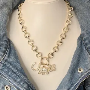 Sydney 14k Gold Plated Horse Bit Link Necklace and Bracelet with Pave Horseshoe Elephant and Clover Charms for Stylish Outfits