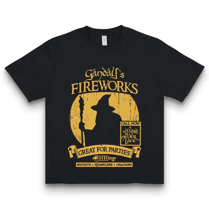 Men's 100% Cotton Shortleeve Fitted Crew Neck Soft T-Shirt - New Gandalf's Fireworks "A Wizard Is Never Late" Theme, Menswear, Direct Print, Digital Print, Premium Fabric, Peeling & Fading-Resistant, Casual Athletic All-Season Top