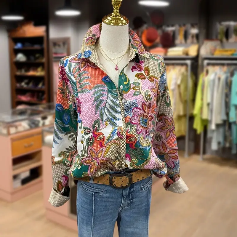 Cherrybetty Women's Vintage Multi Floral Print Collared Long Sleeve Blouse Going Outfits Blouses 90s Tops Funny Shirts Women Elegant Classy Tops Blous