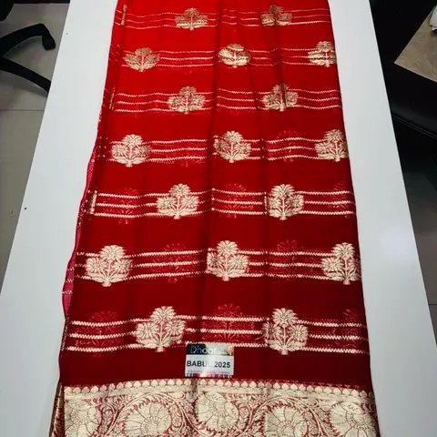 Bablu Red Georgette Viscose Teej Sari Jari Work with Fall Pico Done Traditional Fabric