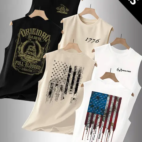 3-Pack Summer Men's Casual Flag & Letter Print Fitted Sleeveless Muscle Shirts, Outdoor Sports & Daily Wear