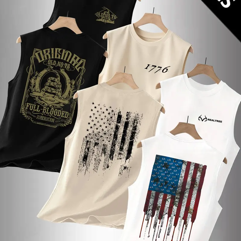 3-Pack Summer Men's Casual Flag & Letter Print Fitted Sleeveless Muscle Shirts, Outdoor Sports & Daily Wear