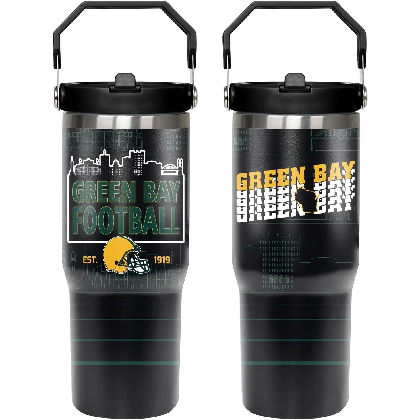 30 oz Insulated Stainless Steel Green Bay Tumbler - Insulated Bottle, Portable Vacuum Flask with Lid, Straw and Handle - Green Bay Gifts for Men, Flasks
