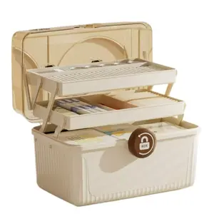 3-Tier Foldable Portable Home Medicine Storage Box with Secure Lock Buckle & Top Carry Handle, Clear Transparent Lid Large Capacity Multifunctional Organizer Case, Dual-Use First Aid Kit & Cosmetic Container for Household, School, Office, Travel & Bathroo