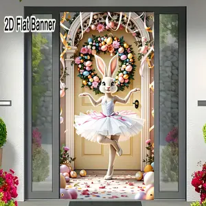 2D flat banner, 1pcWhimsical White Rabbit Ballerina Easter Backdrop, Festive Yellow Door Arch Decor with Egg Wreath for Spring Party Decorationsgalentines party decor, valentine day decor, decorations for valentines day