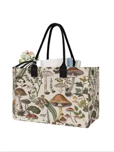 Mushroom Print Large Capacity Storage Bag, Durable Handles, Space-Saving Multi-Purpose Organizer for School Travel Shopping, Reusable Shopping Bags