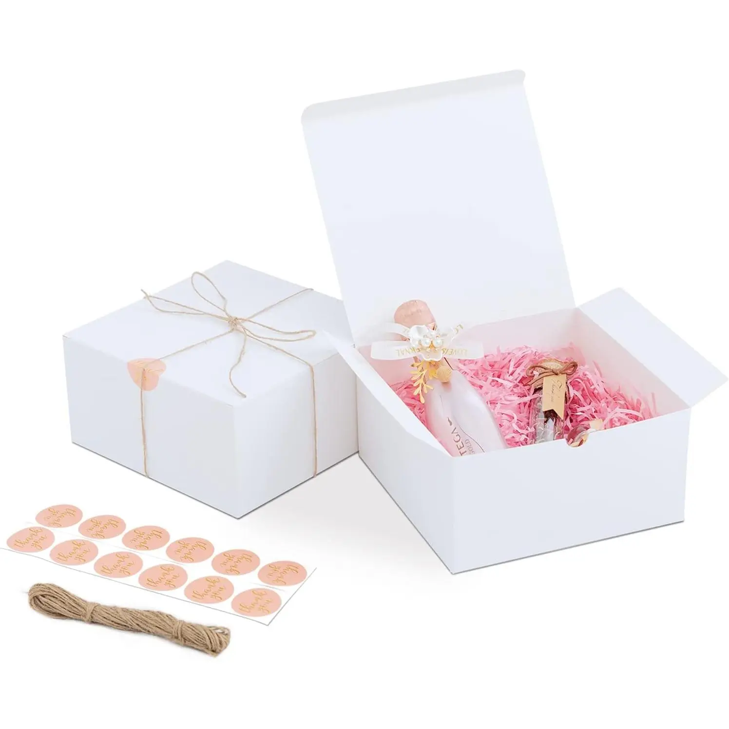 12 Pack White  Boxes, 8x8x4in, with , 80ft Twine, Stickers & Tape, Easy Assemble for Bridesmaid Proposal, Wedding, Party Favors