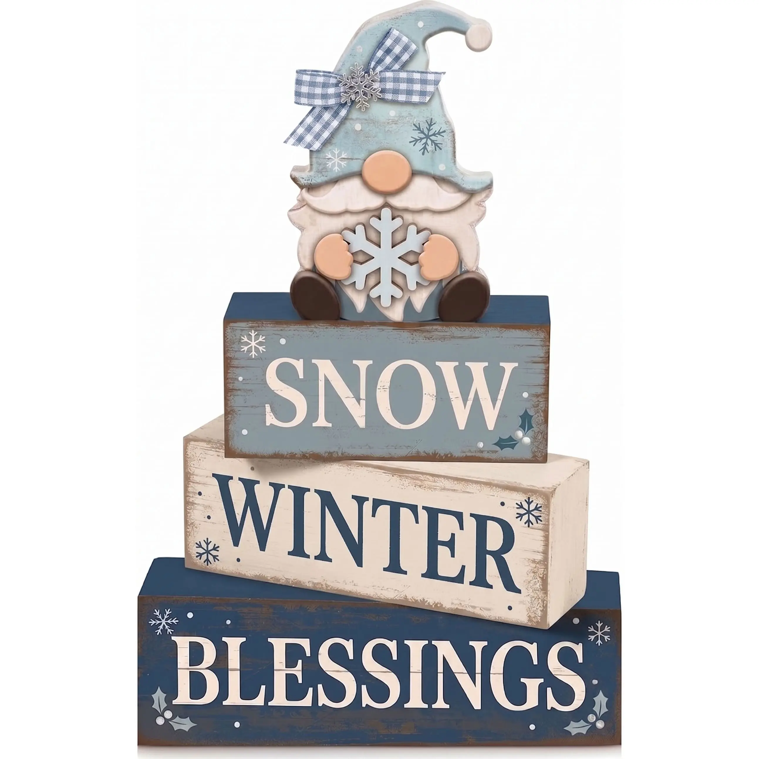 Set of 4 wooden blue Christmas table decorations featuring small gnomes—winter tiered tray decor, Christmas centerpieces, country-style accents, gnome snowflake blocks, signs, gifts, farmhouse Christmas signs suitable for the home kitchen
