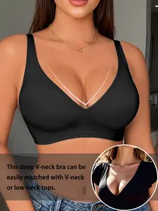 Women's Seamless Jelly Soft Support Minimalist Comfortable Breathable No Steel Cup Thin Underwear, Deep V Padded Bra, Wireless Push-Up, Womenswear