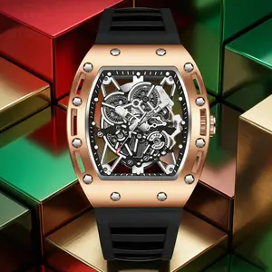 Men's Barrel-Shaped Skeleton Watch Black and Gold Tone Water Resistant 30M Quartz Analog Wristwatch with Silicone Strap for Daily & Outdoor Use Birthday Gift Idea