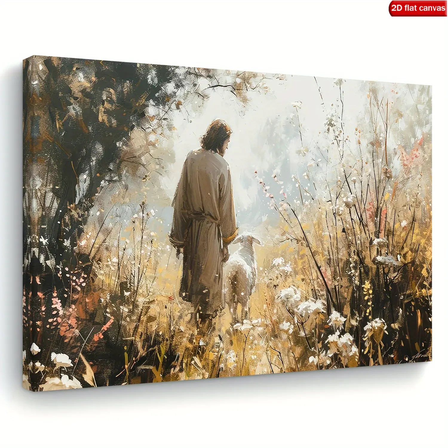 1pc Artistic Christian Shepherd and Sheep Framed Canvas Wall Art - Modern Farmhouse Pastoral Print, Wood-Frame Religious Home Office Decor, 11.8"x15.7" 2D Flat Room Decor with Modern Design Style, Ideal Gift