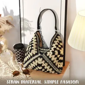 HOMEGLOBE Women's Large Color-Blocking Paper Rope Single-Shoulder Bag - Hollow Granny Square Pattern,  teacher bag,Bohemian Casual Purse, Casual Crossbody Bag, Crossbody Shoulder Tote for Seaside Vacations, Home Storage Organizer，durable shopping tote