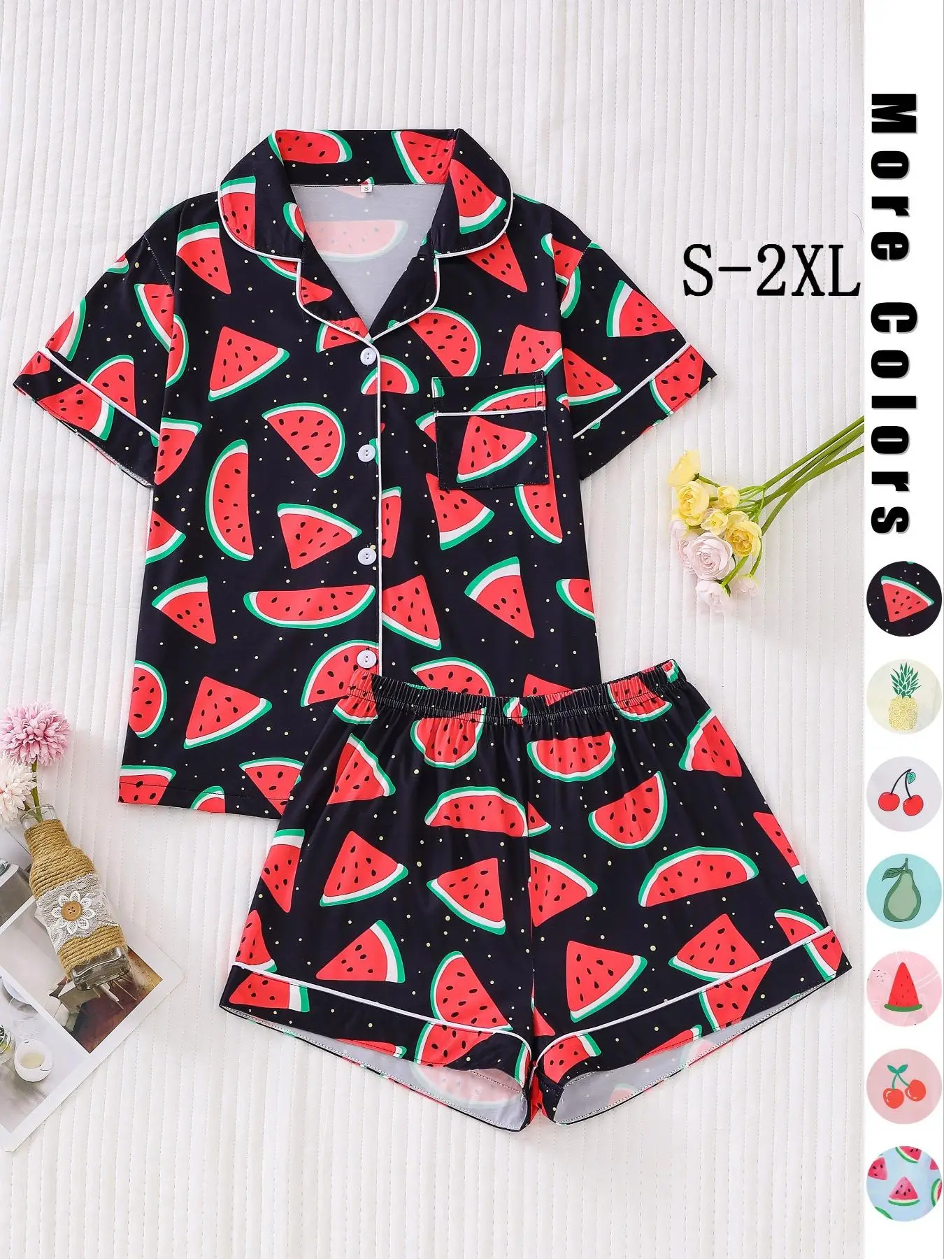 Women's All Over Fruit Print Button Front Shirt & Elastic Waist Shorts Pyjama Set, Cute Short Sleeve Lapel Top & Shorts Pj Set, Summer Sleepwear for W