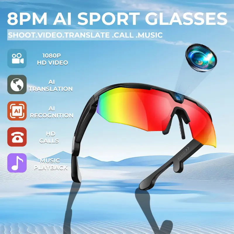 AI Sport Wearable Smart Glasses - 8MP AI Camera, 1080P HD Video, Hands-Free Photo Capture, App-Based Wireless Translation, Bluetooth Calling, Button Touch Control, Anti-Shake Stabilization, Lightweight USB Eyeglasses for Cycling, Running