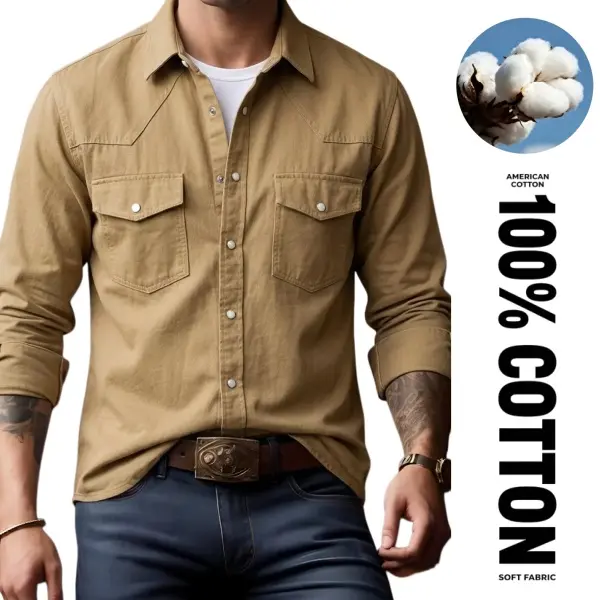 Men's 100% Cotton Collared Neck Plain Full Sleeves Workwear Shirt - Pearl Snaps, Dual Chest Pockets, Regular Fit, Year-Round Street Casual Button Down (Beige)
