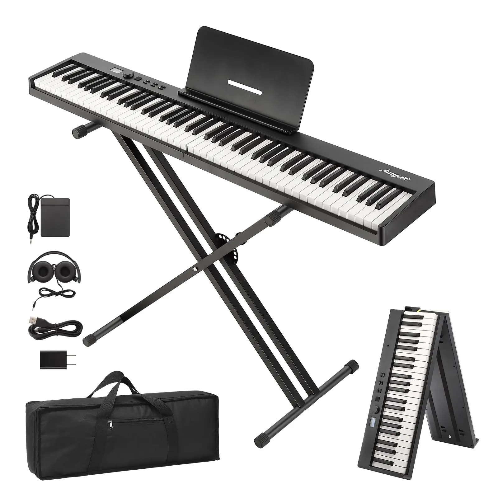 88-Key Foldable Digital Piano-Semi-Weighted Keyboard with Stand, Pedal, Headphones & Carrying Case - Bluetooth/USB MIDI Portable Piano for Beginners Groove Time Musical Instrument