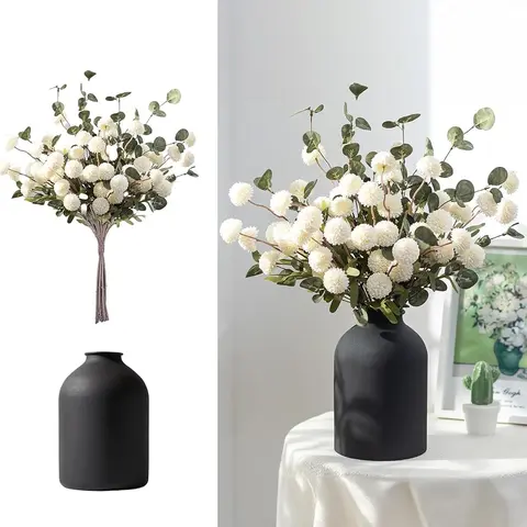 Decorative Artificial Pom Pom Floral Arrangement Bundle Pack - 12 Stems Christmas Color Fake Mums, Kiku Flowers, Eucalyptuses, 16.9 Inches Width, 7.9-inch Height Vase, Chic Aesthetic Home Decor, Living Room Centerpiece, Kitchen Island Accent