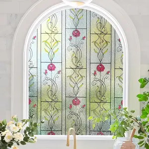 Window Privacy Film Stained Glass Frosted Glass Films Decorative Window Film with Rose Flower Static Cling Non-Adhesive Stickers Heat Control for Home, 17.5 Inch X 6.5 Feet