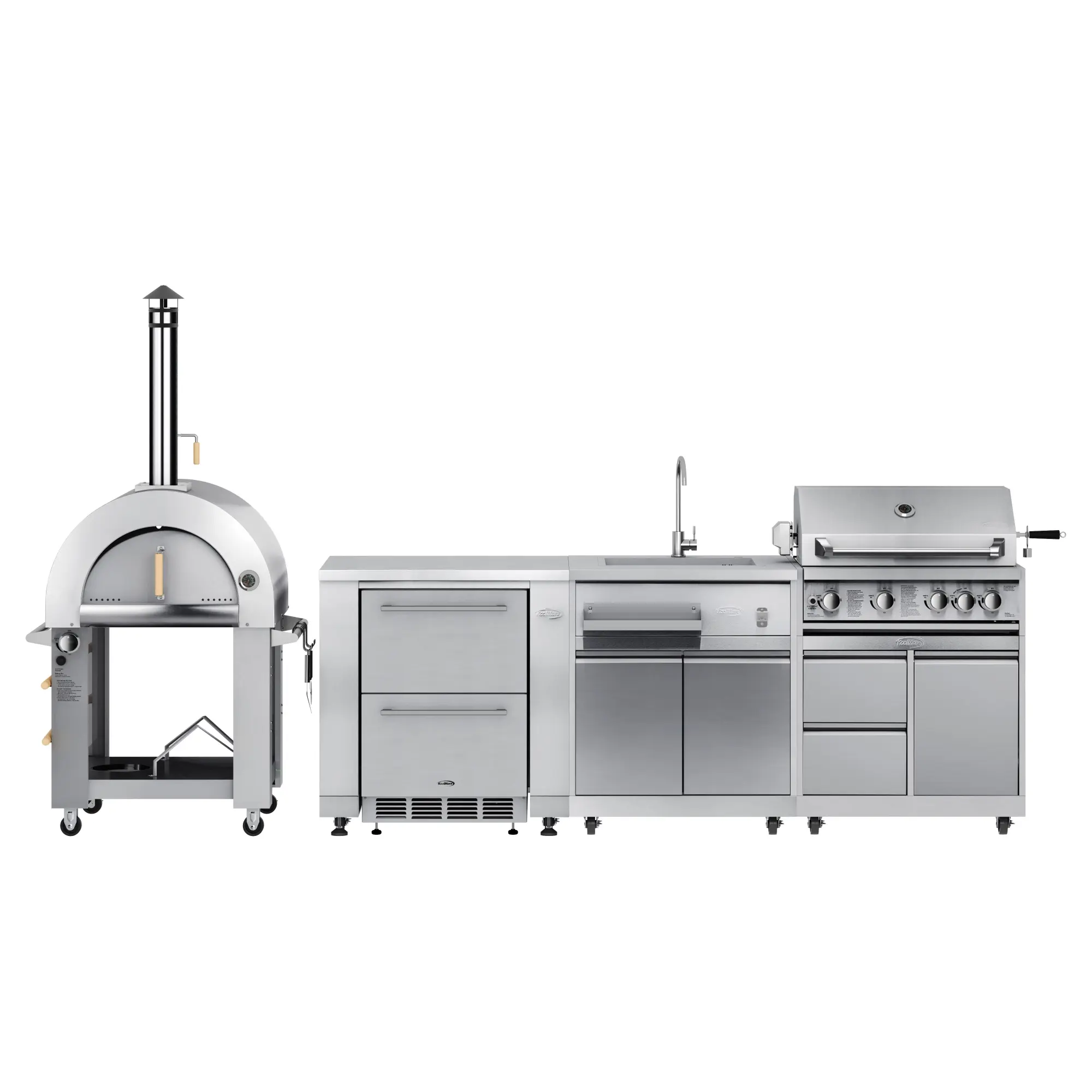 KoolMore Stainless-Steel Modular Outdoor Kitchen Series (KM-OKSKIT-CONFIG101) with 32-in CSA-Certified Gas Grill, Dual Fuel Pizza Oven, Refrigerator, Double Refrigerator Drawers, Sink, Cabinet, Bottle Opener, Waterproof Design