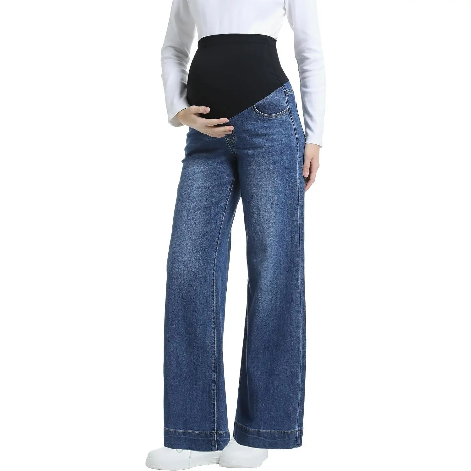 Maternity Jeans Wide Leg Loose Pregnancy Denim Pants | Over The Belly Support, Soft Stretchy Denim, Relaxed Fit, Pockets, Pregnancy Mom Jeans, Work Casual Trendy Maternity Clothes