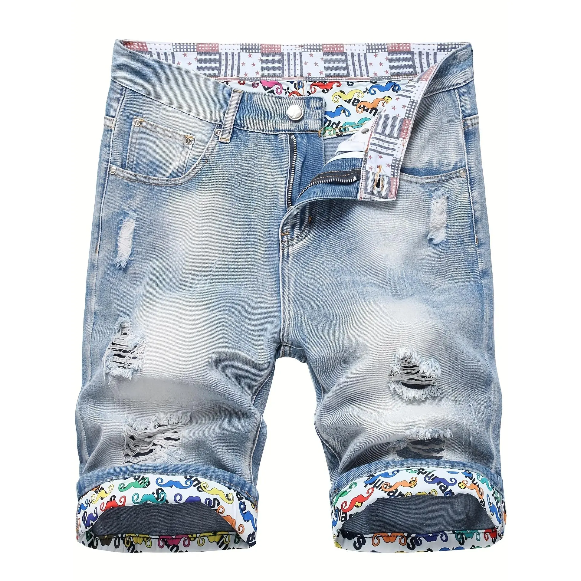 Men's Regular-Fit Woven Ripped Cotton Denim Jorts - Basic No-Frill Casual Summer Bottoms for Going Out, Weekend Wear, Plain, Short Length