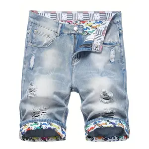 Men's Chic Design Ripped Regular Fit Cotton Jorts, Street Style Summer Bottoms For Men