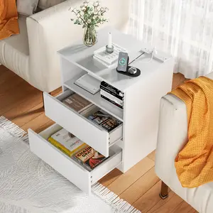 (Set of 2)End Table with Fast USB C Charging Station, Sofa Side Table with 2 Drawers, Large Storage Modern Wood Storage Cabinet for Living Room,Bedroom,Office, White