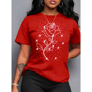 100% pure cotton, women's casual versatile T-shirt, available in multiple colors, suitable for all seasons, comfortable and versatile, rose print women's casual round neck short sleeve T-shirt