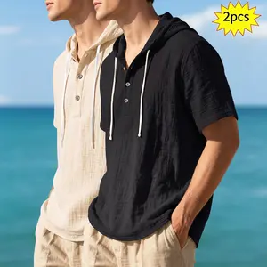 2-pack men’s short-sleeve Henley-neck T-shirts with hood, adjustable drawstring and button front design, breathable, skin-friendly, loose fit that conceals curves, suitable for summer beach vacations and everyday wear. long Anime Need Cigarette, Relaxed F