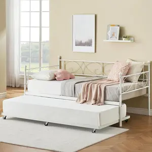 Gaomon Twin Size Metal Daybed with Trundle - Heavy-Duty Slats, Classical Elegant Flower Motif, Quick Setup, Underbed Storage, Space-Saving Convenient Solution, No Box Spring Needed for Living Room, Bedroom (White)