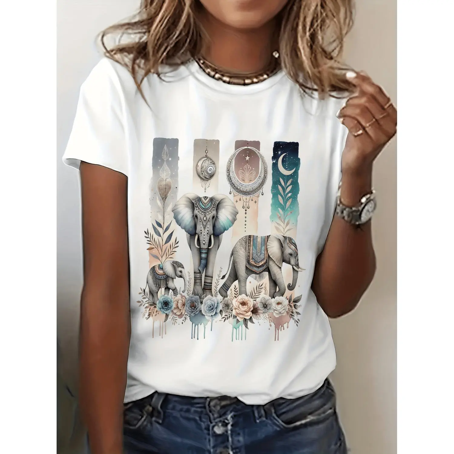 Magical Pastel Elephant Boho Graphic Print T-Shirt, Short Sleeve Crew Neck Casual Top for Summer And Spring, Women'S Clothing