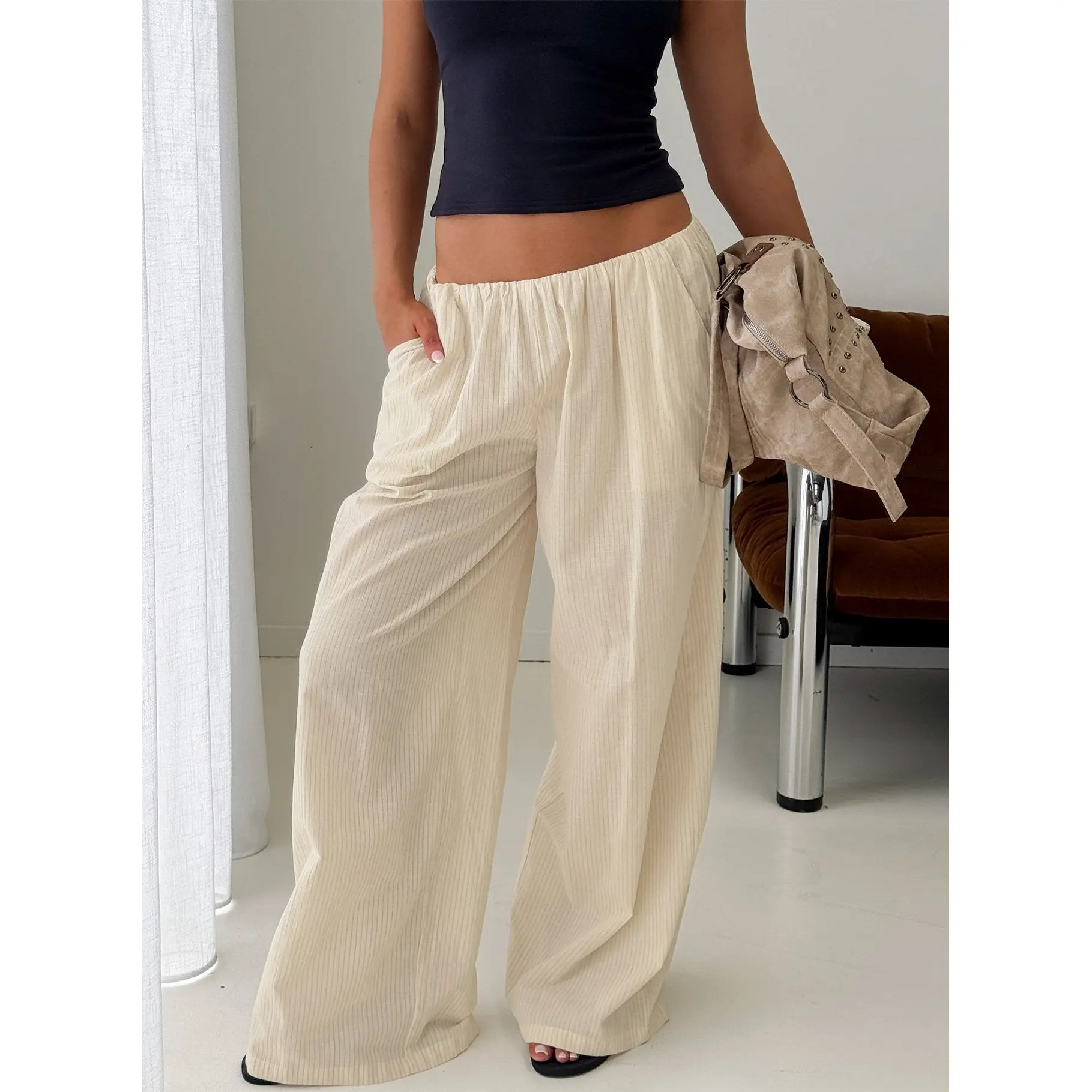 Lunea Concealed Waistband Pants Beige Stripe