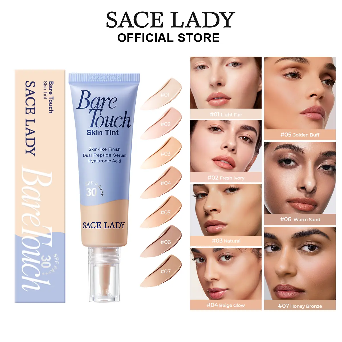 SACE LADY Bare Touch Skin Tint SPF 30, Skin-Like Serum Tinted Moisturizer Lasts Up to 16HR, Lightweight Natural Matte Glow Finish, Infused with Peptides and Hyaluronic Acid